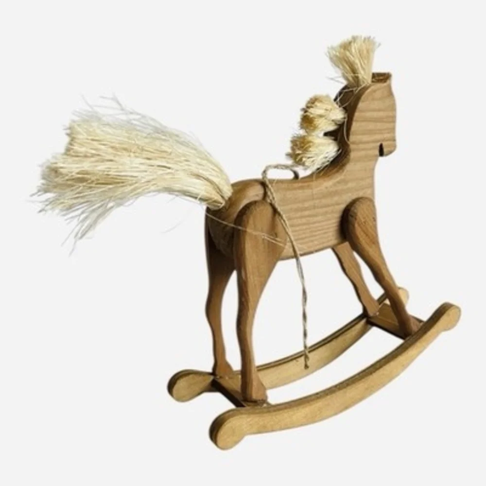 Vintage Wooden Rocking Horse Christmas Ornament Straw Mane Tail Holly Decor VG